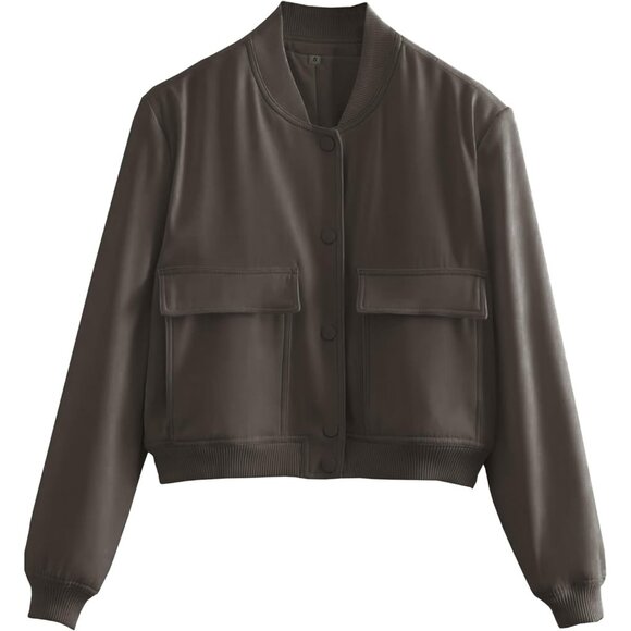 Women Dark grey Cropped Bomber Jacket Button Down Varsity Shacket with Pockets - Picture 5 of 5